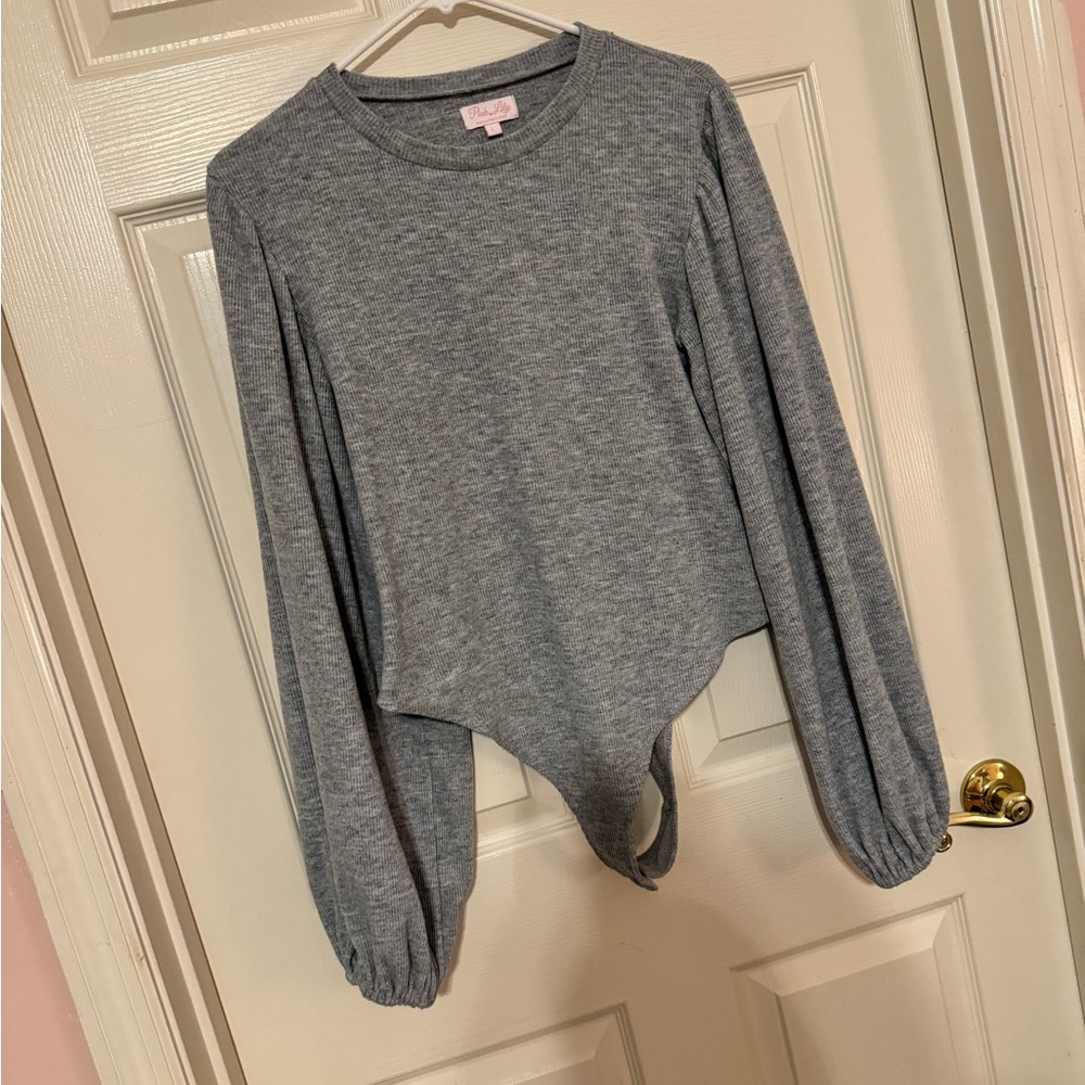 Grey Pink Lily Boutique bell sleeve bodysuit